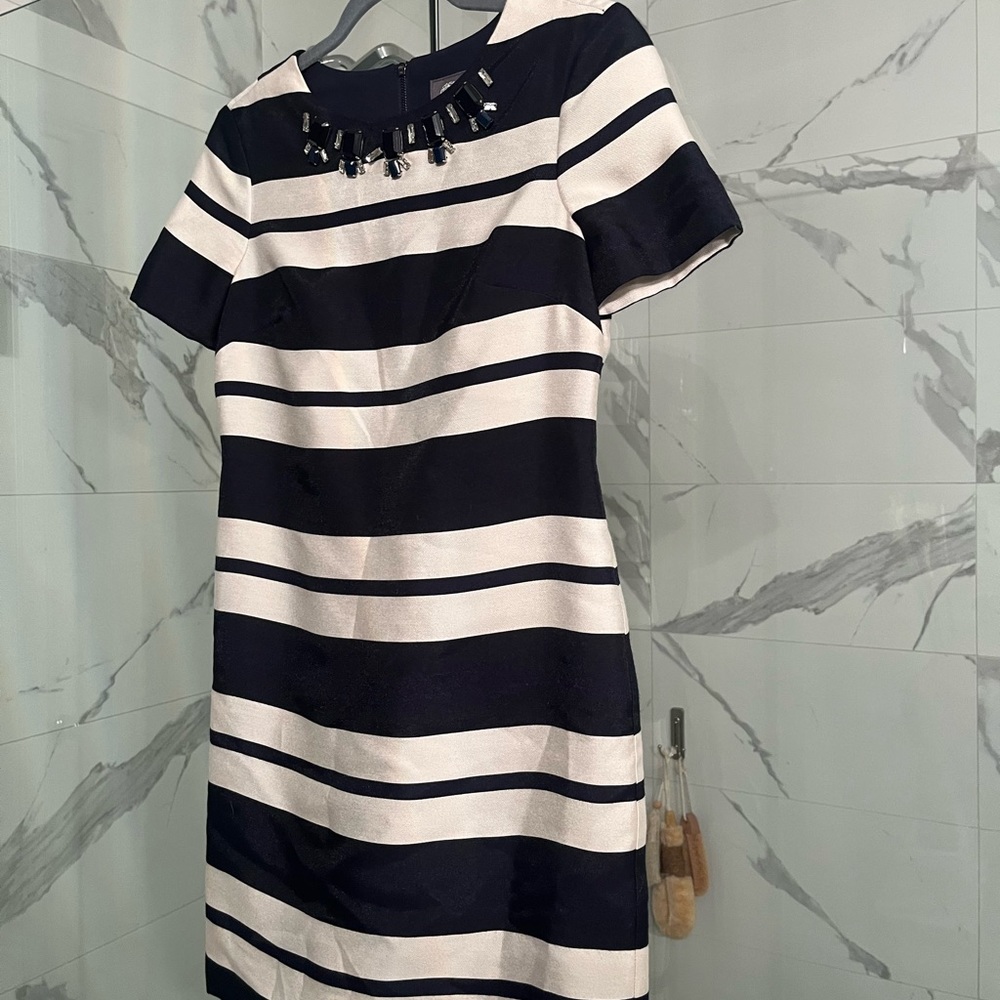 COPY - Vince Camuto dress size 2 black cream stripe with embellishments zipper …
